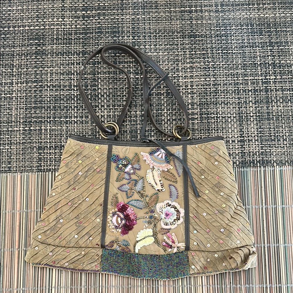Whistles Tan Shoulder Bag with Quilted Design and‎ Floral Embroidery